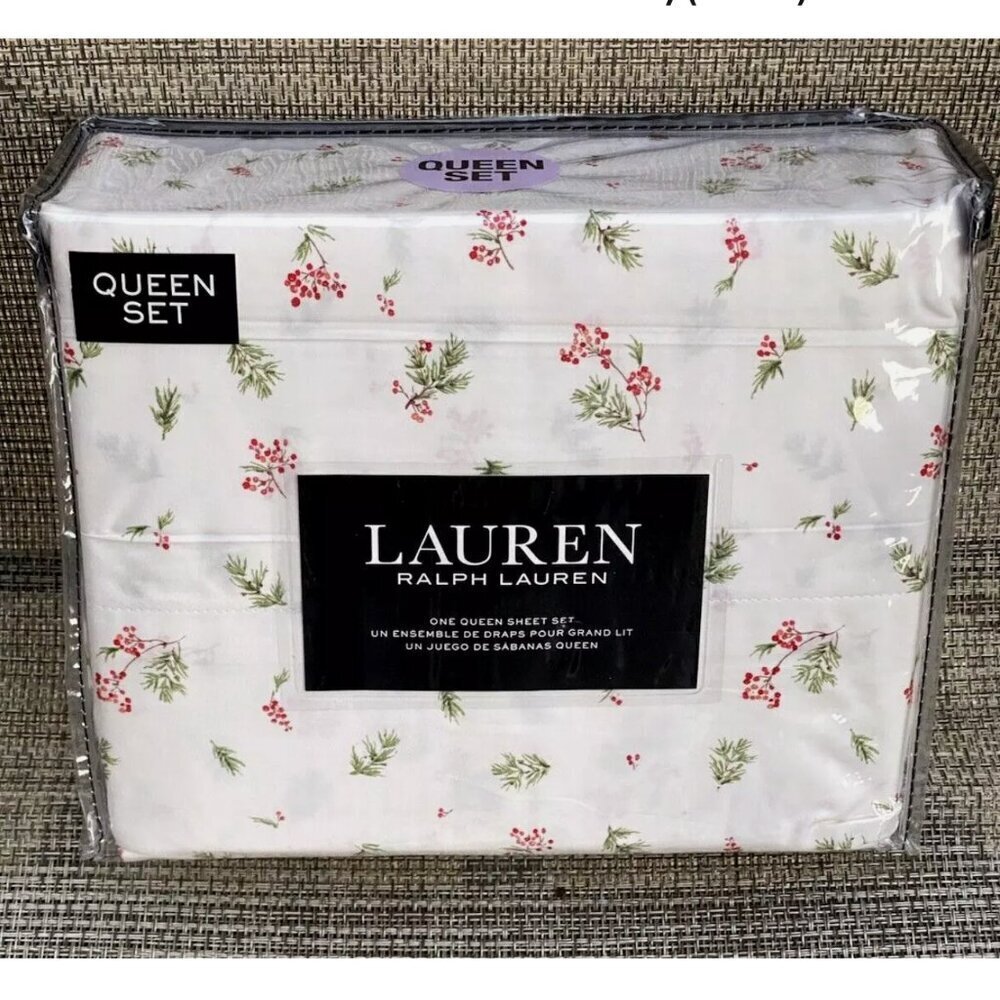 Lauren Ralph Lauren Red Green White Forest Holiday Cotton QUEEN Sheet Set 4pc